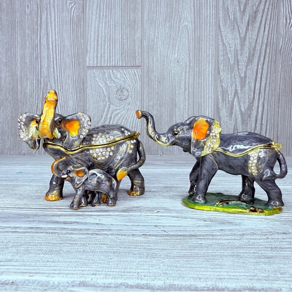 Enamel 2 elephant Trinket Box figurine With Austrian Crystals Rhinestones bundle